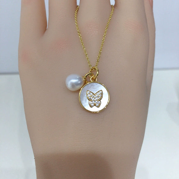 Pearl Necklace Freshwater Pearl Sea Shell Mother Of Fritillaria Butterfly Microinlaid Zircon Copper Minimalist Rice Shape Droplet Shape Pendant