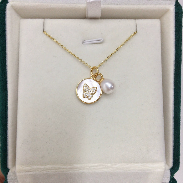 Pearl Necklace Freshwater Pearl Sea Shell Mother Of Fritillaria Butterfly Microinlaid Zircon Copper Minimalist Rice Shape Droplet Shape Pendant