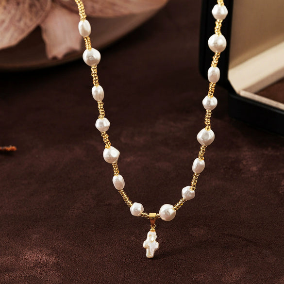 Pearl Necklace Geometric Pattern Vintage Artistic Baroque Clavicle Chain With Cross Shell Pendant And Diamond Design