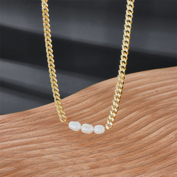 Pearl Necklace Gold Copper Plated Geometric Cuban Chain Style