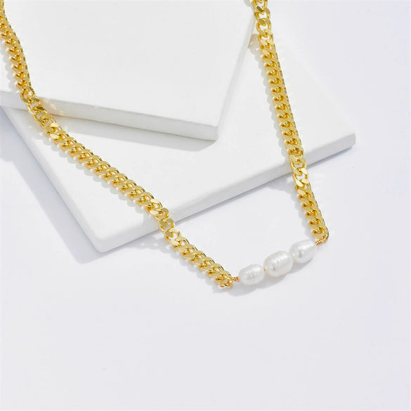 Pearl Necklace Gold Copper Plated Geometric Cuban Chain Style