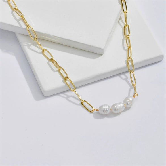 Pearl Necklace Gold Copper Plated Geometric Cuban Chain Style
