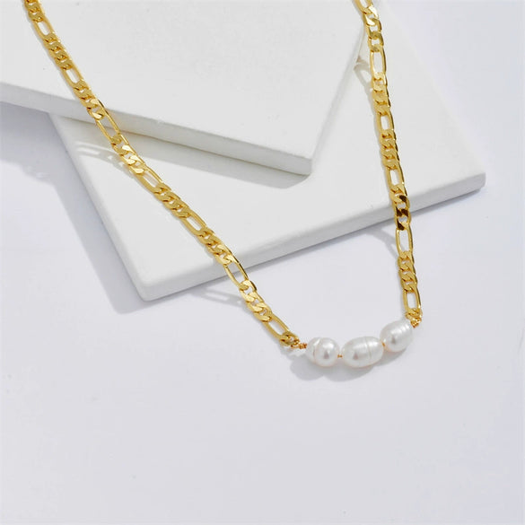 Pearl Necklace Gold Copper Plated Geometric Cuban Chain Style