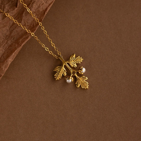 Pearl Necklace Leaf Pattern Titanium Steel Copper O Word Chain Electroplating For Women