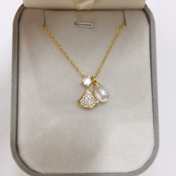Pearl Necklace Natural Freshwater Pearl Pendant Microinlaid Zircon Drop Shape Minimalist Style
