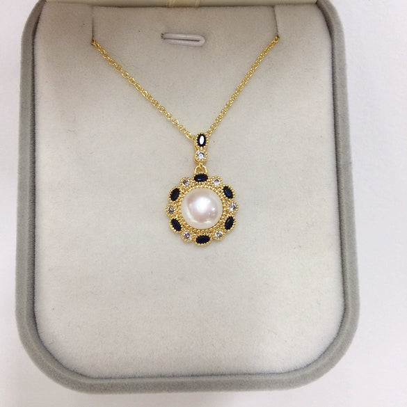 Pearl Necklace Natural Freshwater Pearl Pendant With Blue Zircon Micro Set Flat Round And Rose Buns Round Shape Copper Accessories