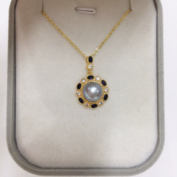 Pearl Necklace Natural Freshwater Pearl Pendant With Blue Zircon Micro Set Flat Round And Rose Buns Round Shape Copper Accessories