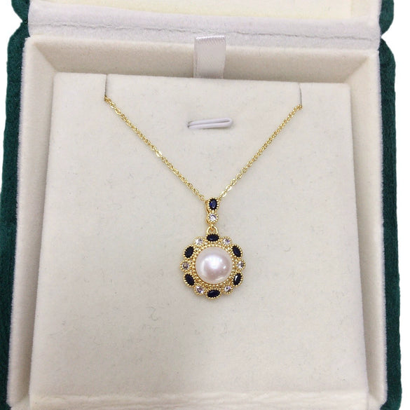 Pearl Necklace Natural Freshwater Pearl Pendant With Blue Zircon Micro Set Flat Round And Rose Buns Round Shape Copper Accessories