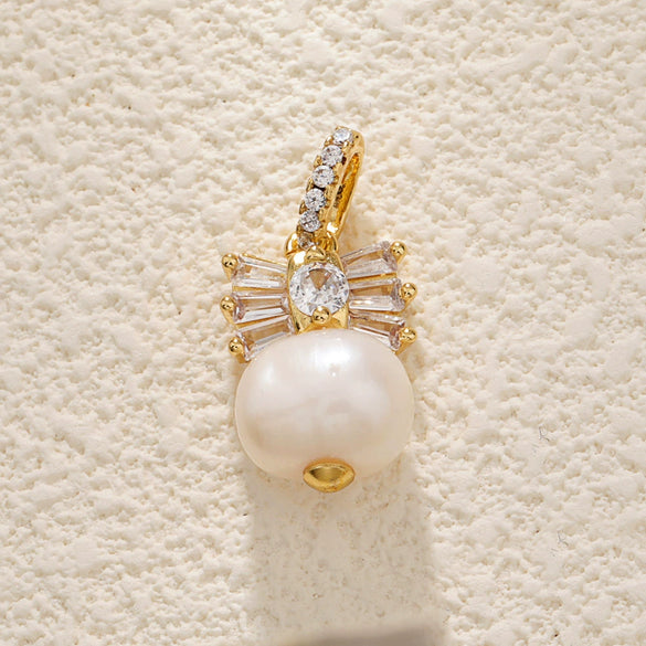 Pearl Necklace Pendant Bow Bucket Beads Zircon Copper Goldplated Jewelry