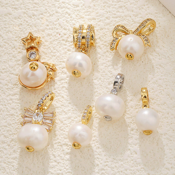 Pearl Necklace Pendant Bow Bucket Beads Zircon Copper Goldplated Jewelry