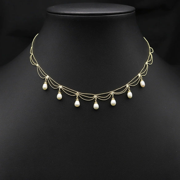 Pearl Necklace Retro Geometric Style Electroplated Woven Lace Tassel For Women