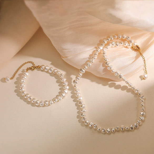 Pearl Necklace Stainless Steel Geometric Baroque Style For Women
