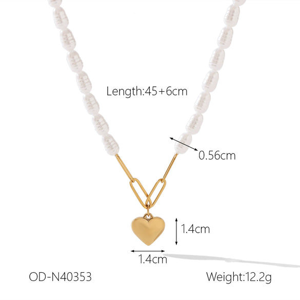Pearl Necklace Stainless Steel Heartshaped Pendant Vacuum Plated For Women
