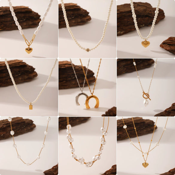 Pearl Necklace Stainless Steel Heartshaped Pendant Vacuum Plated For Women