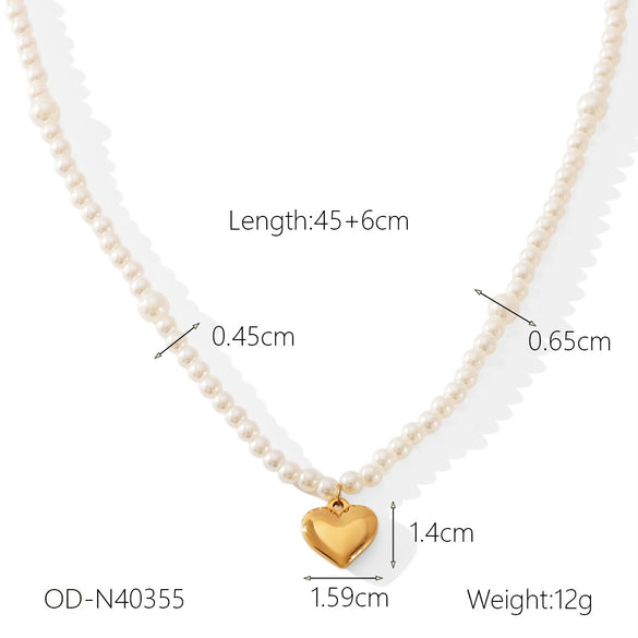 Pearl Necklace Stainless Steel Heartshaped Pendant Vacuum Plated For Women