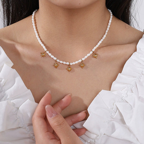 Pearl Necklace With Starburst Zircon Pendant 316L Stainless Steel 316L Stainless Steel Electroplating Jewelry For Women