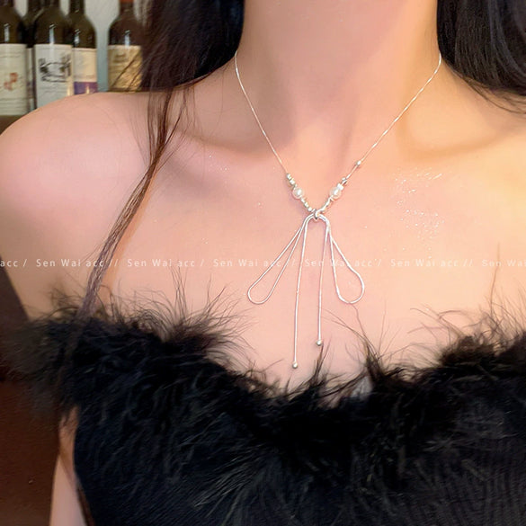 Pearl Necklace Women's Light Luxury Niche Design Clavicle Chain With Bow Pattern Copper Alloy Snake Bone Chain Electroplated