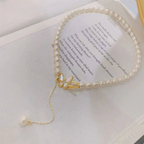 Pearl Necklace Zircon Butterfly Tshaped Buckle Tassel Handmade Natural Style