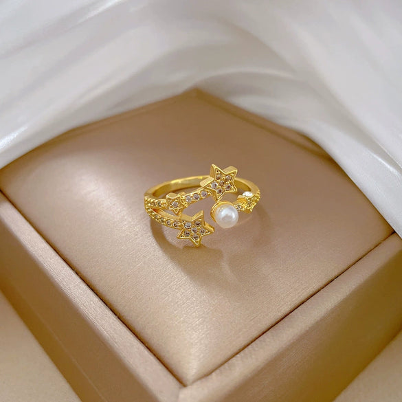 Pearl Open Star Ring Brass Material Gold Plated With Crown Design For Women