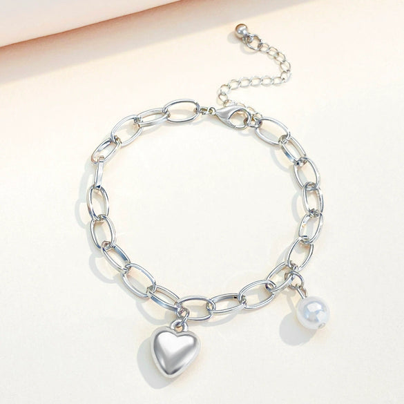 Pearl Pendant Bracelet Zinc Alloy Heart Shape Electroplated For Women