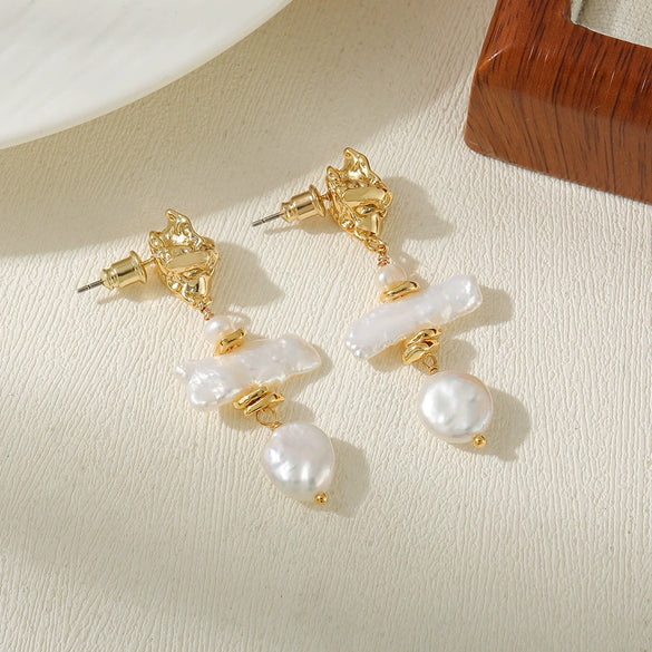 Pearl Pendant Earrings Copper Plated Gold Geometric Baroque Style For Women