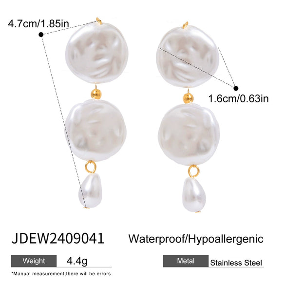 Pearl Pendant Earrings Stainless Steel Irregular Button Baroque Literary Style Electroplating For Women