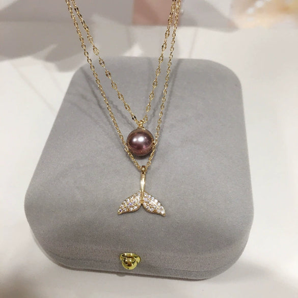 Pearl Pendant Fishtail Necklace Freshwater Pearl Copper 18K Gold Plated Purple