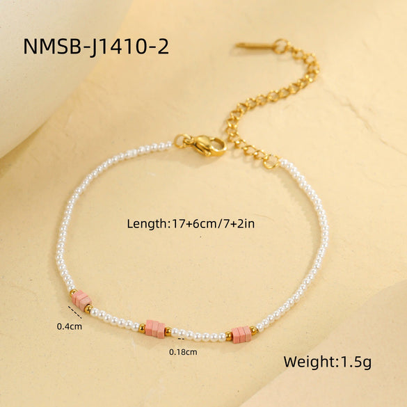 Pearl Pink Dopamine Beaded Necklace Bracelet Set Stainless Steel 18K Electroplating Geometric Style