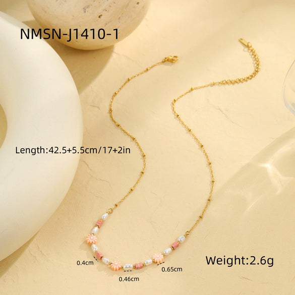 Pearl Pink Dopamine Beaded Necklace Bracelet Set Stainless Steel 18K Electroplating Geometric Style