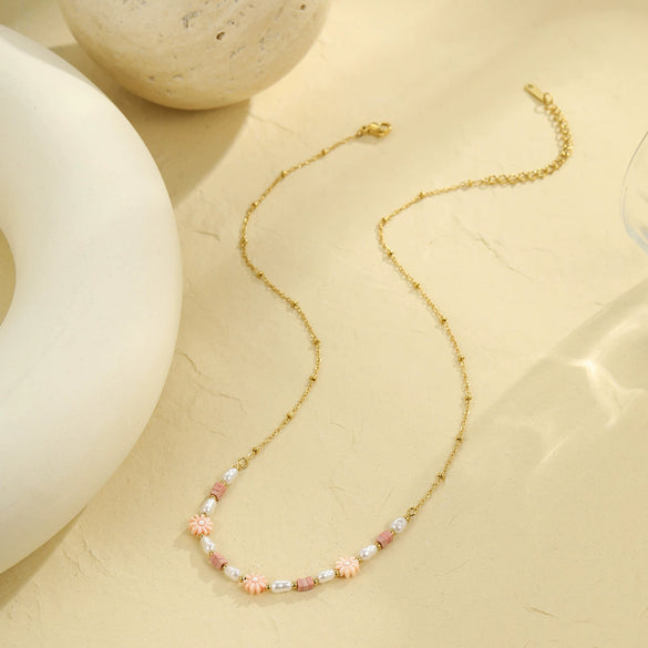 Pearl Pink Dopamine Beaded Necklace Bracelet Set Stainless Steel 18K Electroplating Geometric Style