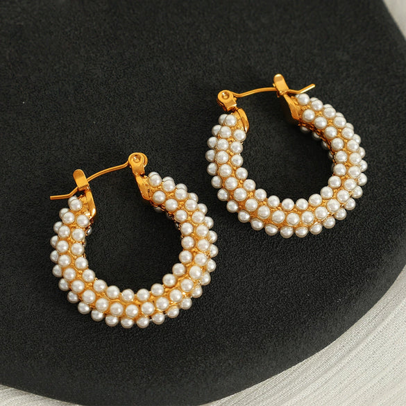 Pearl Rhinestone Geometric Fashion Stainless Steel Electroplated Earrings For Women