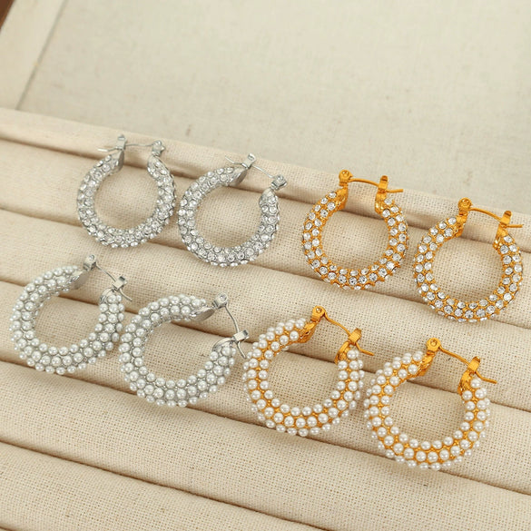 Pearl Rhinestone Geometric Fashion Stainless Steel Electroplated Earrings For Women