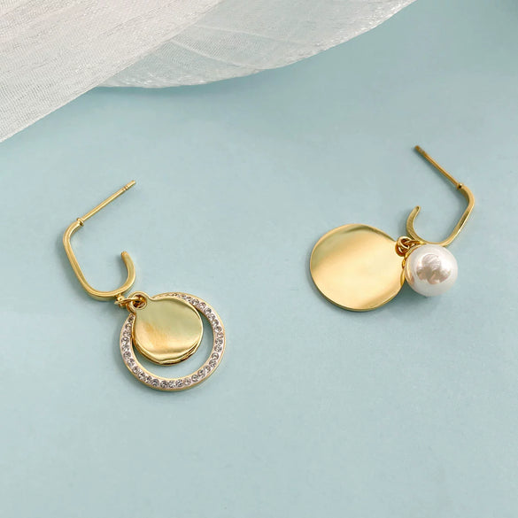 Pearl Round Asymmetric Geometric Style Titanium Steel Electroplated Earrings