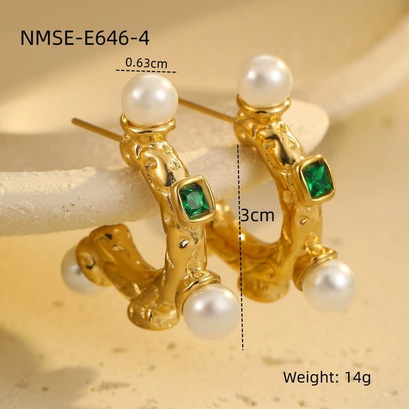 Pearl Series Earrings Stainless Steel 18K Gold Plated Geometric Wave Flower Fashion Design