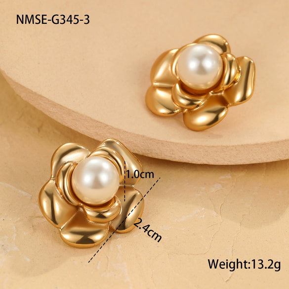 Pearl Series Earrings Stainless Steel 18K Gold Plated Geometric Wave Flower Fashion Design