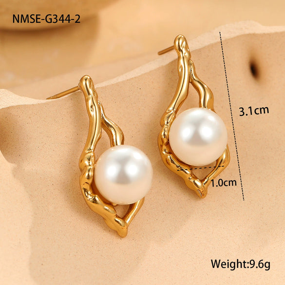 Pearl Series Earrings Stainless Steel 18K Gold Plated Geometric Wave Flower Fashion Design
