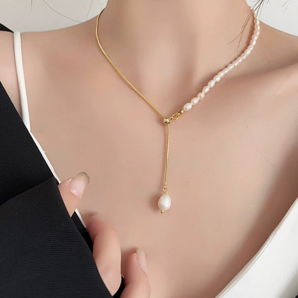 Pearl Snake Bone Chain Necklace Electroplating Geometric Style Women's Fashion Accessories