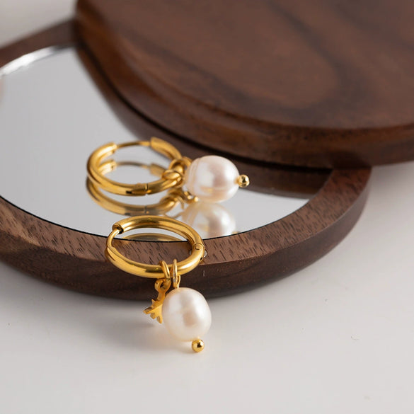 Pearl Stainless Steel Geometric Pendant Hoop Earrings For Women