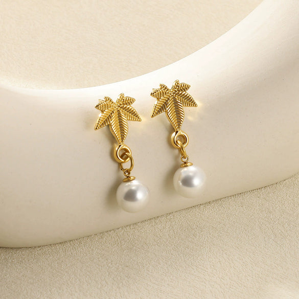 Pearl Stainless Steel Leaf Flower Retro Earrings With Electroplating