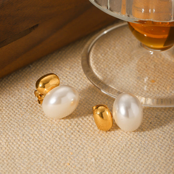 Pearl Stainless Steel Women's Earrings French Retro Elegant Geometric Electroplated Style