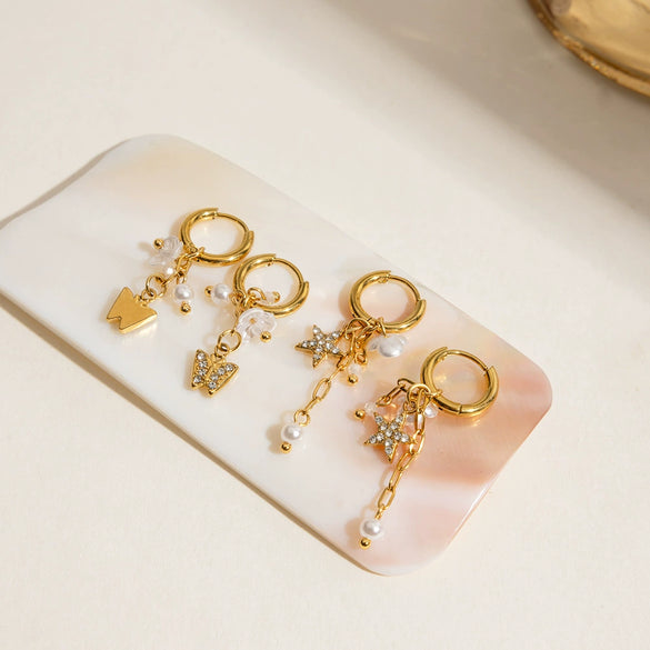 Pearl Stainless Steel Zircon Butterfly Geometric Earrings Electroplated For Women