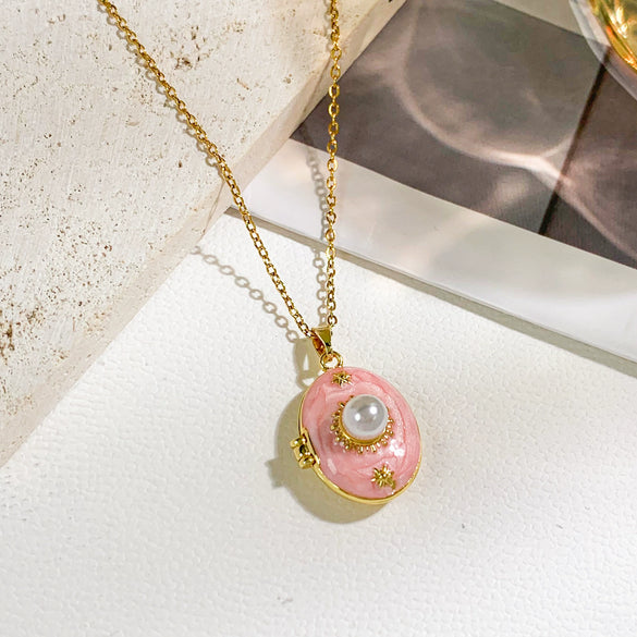 Pearl Star Oval Photo Box Necklace Copper Titanium Steel Real Gold Plated Sweet Style Women's Accessories