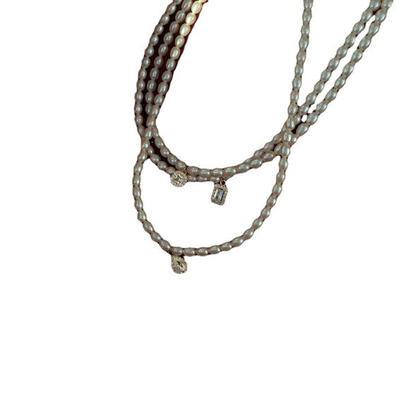 Pearl Sweater Necklace Women's Clavicle Chain Water Drop Square Crystal Natural Freshwater Pearl Baroque Style Copper Accessories