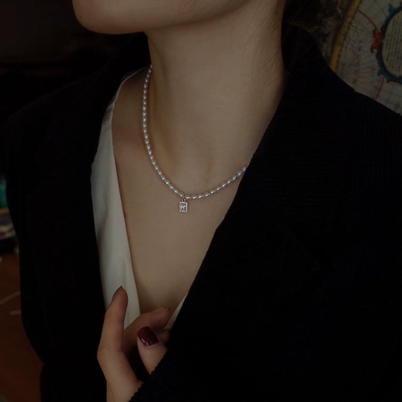 Pearl Sweater Necklace Women's Clavicle Chain Water Drop Square Crystal Natural Freshwater Pearl Baroque Style Copper Accessories