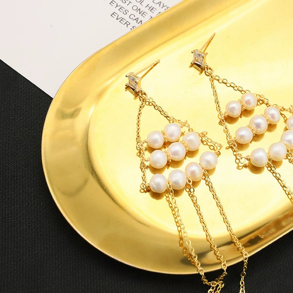 Pearl Tassel Earrings For Women Light Luxury Real Gold Electroplated Natural Original Design