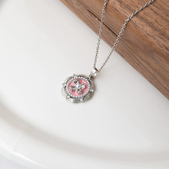 Pearl Threedimensional Flower Titanium Steel Necklace For Women Copper Pendant 18K Gold Plated