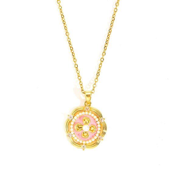 Pearl Threedimensional Flower Titanium Steel Necklace For Women Copper Pendant 18K Gold Plated