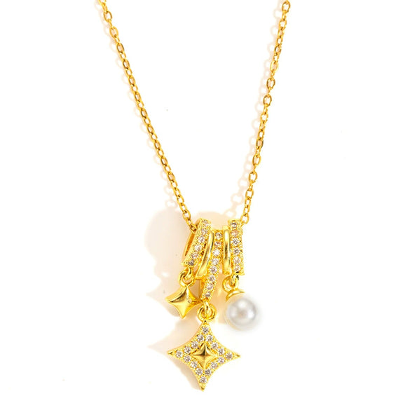 Pearl Titanium Steel And Copper Star Diamond Shape Pendant Necklace With Electroplating For Women