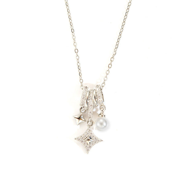 Pearl Titanium Steel And Copper Star Diamond Shape Pendant Necklace With Electroplating For Women