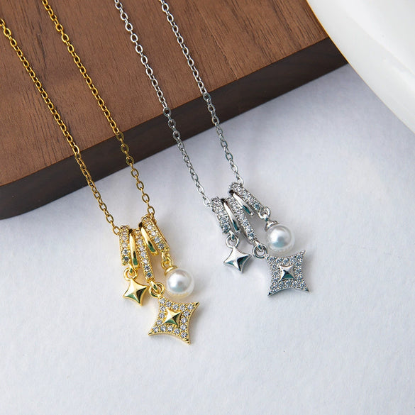 Pearl Titanium Steel And Copper Star Diamond Shape Pendant Necklace With Electroplating For Women